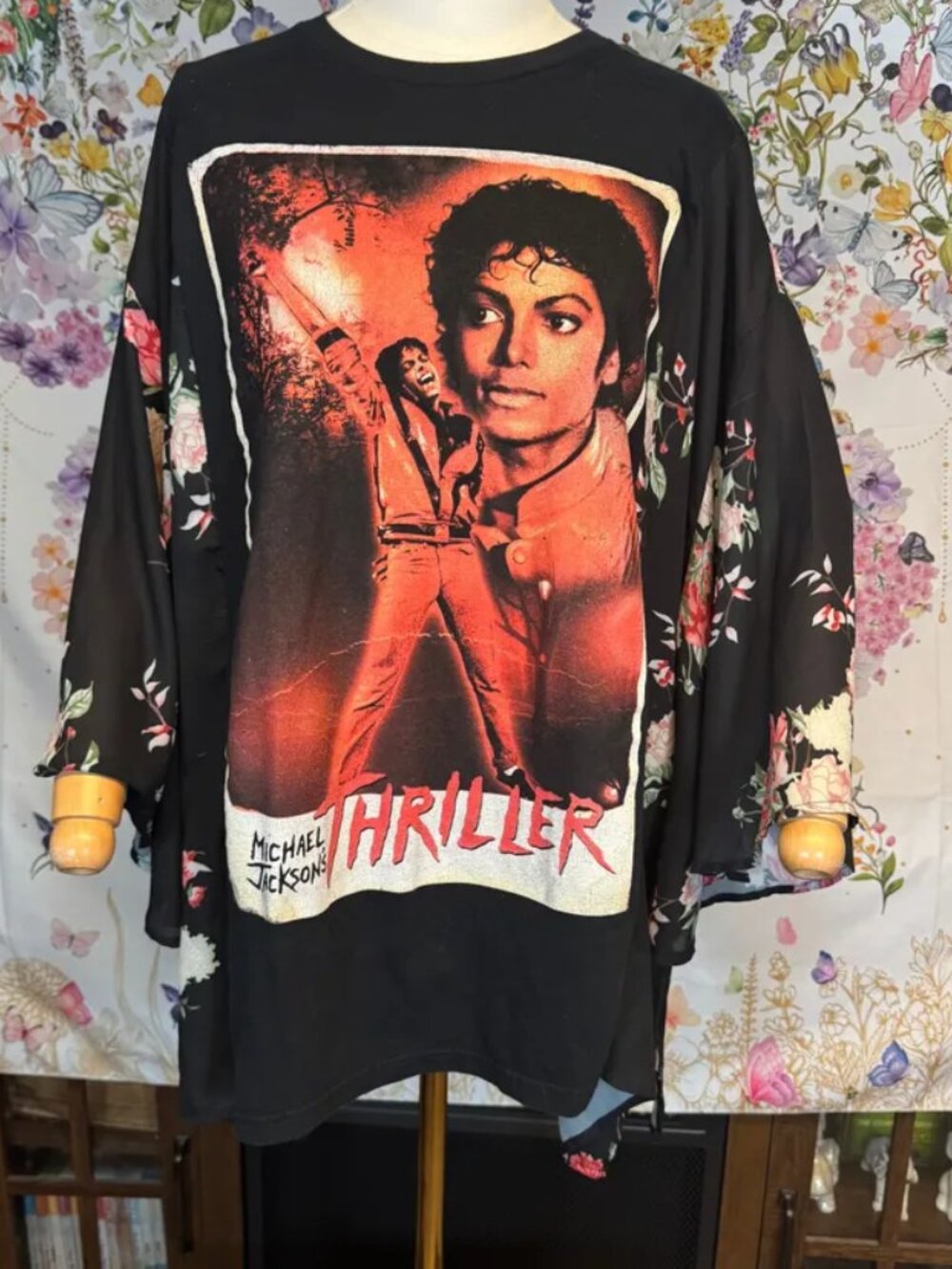 Michael Jackson Thriller Upcycled T-Shirt with Flowy Sheer Sleeves - OSFM